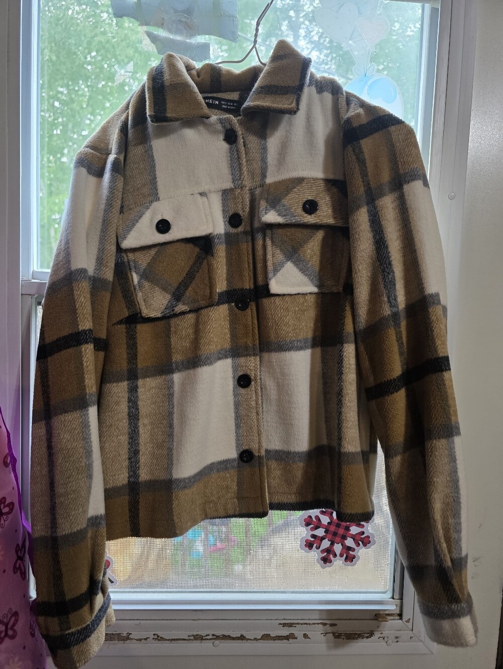 SHEIN Plaid Shacket in Camel, Cream & Charcoal